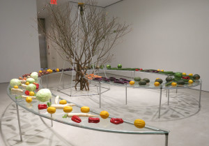 Mario Merz, Tavola a spirale (Spiral Table), aluminum, glass, fruit, vegetables, laurel branches, tar paper and beeswax, 216 inches diameter, 1982.