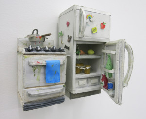 Nicholas Buffon, Stove and Open Fridge, foam, glue, paper and paint, 2.75 x 5.5 x 6.25 inches, 2016.