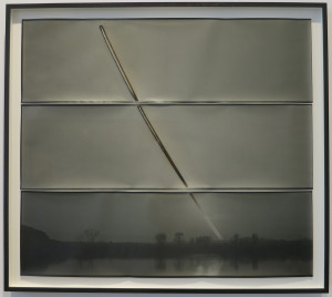 Chris McCaw, From the series Sunburn, Sunburned GSP#884 (Mojave), three gelatin silver paper negatives, 12 x 40 inches, 2015.