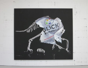 Michael Riedel, Untitled (Art Material_Oviraptor), archival inkjet print mounted to aluminum honeycomb, vinyl, 99 1/8 x 113 1/8 x 1 5/8 inches (framed), 2015.