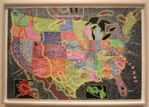 Paula Scher, U.S.A. Extreme Weather, acrylic on hand-pulled silkscreen, 36 ¾ x 54 1/8 inches, 2015.
