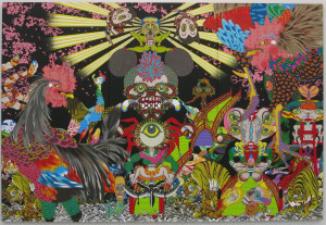 Keiichi Tanaami, Vision in the Womb, acrlic paint, digital pigment print, silkscreen print, glass powder on canvas, 80.125 x 118.125 inches, 2015.