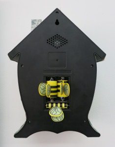 Chadwick Rantanen, Garden Cottage, battery operated cuckoo clock, 1 artist-made AA battery adaptor and 2 artist made C battery adaptors (plastic, metal, stickers), 11 x 9 x 6.5 inches, 2016.