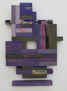 Strauss Bourque-LaFrance, The Purple Guillotine, basswood, stain, acrylic, oil pastel, wax stick, New York Post, 40 x 28 x 2 inches, 2016.