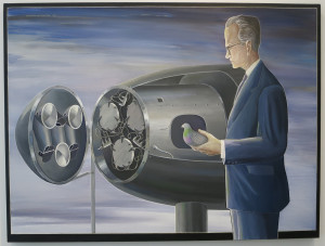 Anton van Dalen, B.F. Skinner with Project Pigeon, oil on canvas, 48 x 64 inches, 1986.