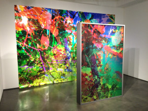 Karine Laval, Untitled Sculpture, direct ink on plexi, two way mirror, maple frame, 74 x 50 inches in front of Untitled #46 from the ‘Heterotopia’ Series, chromogenic print (three panels), 2014.