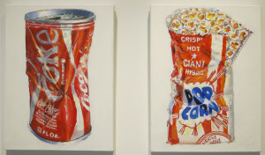 Don Nice, Coke Can and Popcorn, both oil on canvas, 24 x 18 inches, 2015.