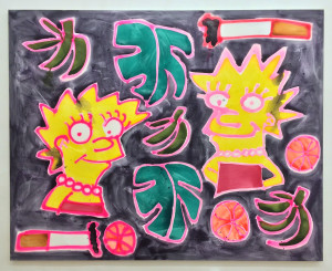 Katherine Bernhardt, Two Simpsons, Plantains, Basketballs, Cigarettes, acrylic and spray paint on canvas, 96 x 120 inches, 2016.