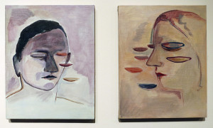 Eve Ackroyd, Untitled (Face with Falling Eyes), 11 x 14 inches, acrylic on canvas, 2016 and (on the right) Untitled (Closed Eyes) acrylic on canvas, 9 x 12 inches.