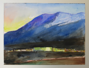 John Kelsey, NSA Data Center, Camp Williams, UT, watercolor, mounted on aluminum, 12 ¼ x 16 1/8 inches, 2013.