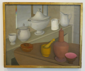Meraud Guinness Guevara, Still Life with Kitchen Objects, oil on canvas, 23 ¼ x 28 ¾ inches, 1938.