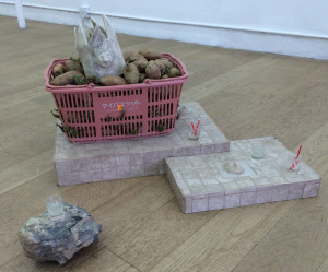 Libby Rothfeld, Option #1, tile, grout, cement, porcelain, potatoes, glassware, rock, 33 x 36 x 21 inches, 2016.