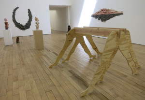 Installation view of ‘3 Sculptors’ at Rachel Uffner Gallery, Sept 2016.  In the foreground is Sara Murphy’s ‘Holders,’ plywood and 2 x 6 studs, 36 ½ x 57 x 52 inches, 2016.