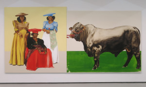 Meleko Mokgosi, Democratic Intuition, Lerato:  Philia I, two panels, oil on canvas, 96 x 198 ½ inches, 2016.