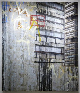 David Hepher, one of three panels in ‘Durrington Towers II,’ concrete, acrylic, spray paint and inkjet on canvas, 106 x 90 ¼ inches, 2007.