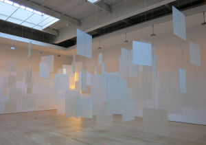 Spencer Finch, Thank You, Fog, 85 glass panels, aircraft cable, muted grey walls, dimensions variable, 2016.