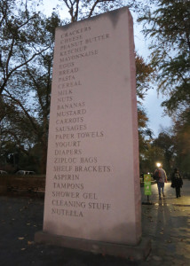 David Shrigley, installation view of ‘Memorial’ at Doris C. Freedman Plaza, Central Park, 60th Street and 5th Ave, Nov 2016.