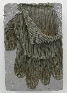 Davina Semo, SHE LOOKED THROUGH HIS THINGS, CAREFUL TO LEAVE EACH AS IT HAD BEEN, pigmented, reinforced concrete; mica, stainless steel mesh glove, 9 x 6 x 1 7/8 inches, 2016.