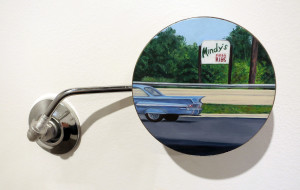 Edie Nadelhaft, Mindy’s (Modena, IL), oil on panel, vintage BMW mirror housing, 4.25 inches diameter, 2017.