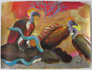 Karen Heagle, Untitled Scene (three vultures and a carcass), acrylic, ink, collage, gold and copper leaf on paper, 22 ½ x 29 ½ inches, 2016.