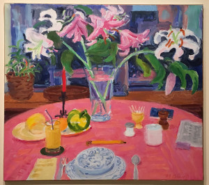 Nell Blaine, White Lilies, Pink Cloth, oil on canvas, 24 x 27 inches, 1990.