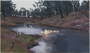 Roger White, Touristic Scene with Burning River, oil on canvas, 10 x 17 inches, 2017.