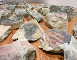 Anh Thuy Nguyen, Burden, laser inkjet prints transferred on stones, 84 x 72 inches, 2015. 