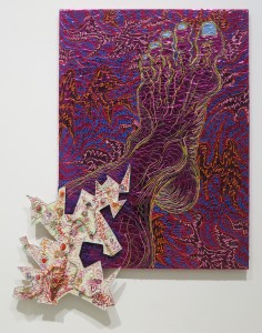 Paul Sharits, Foot Infection III, acrylic on purple Mylar, mixed media, foamcore attachment, 69 x 53 inches, 1982.